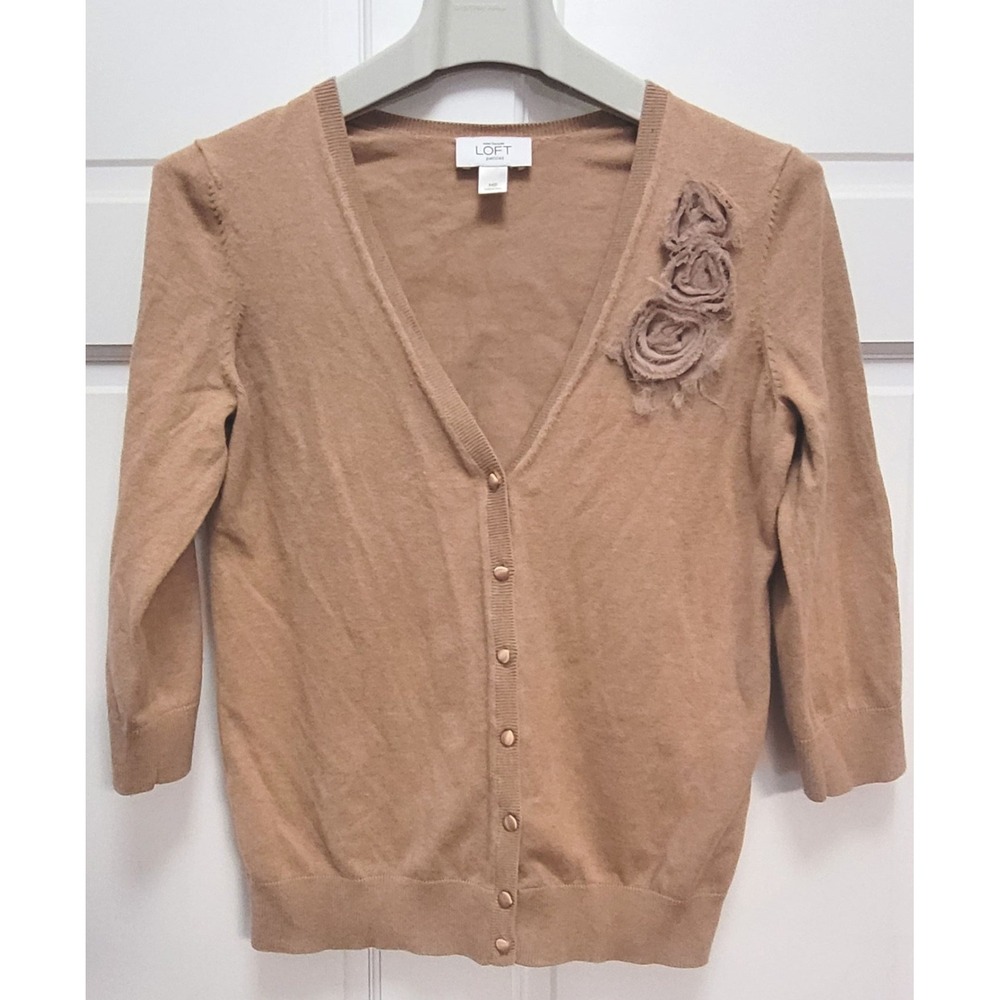 Ann Taylor Loft Petites Tan Floral Pima Cotton Button Sweater Blazer - Medium P